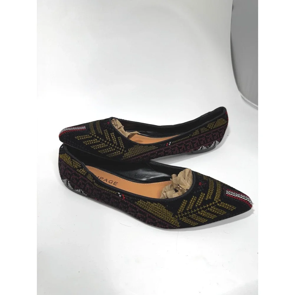 Rampage Womens Pointed Toe Flats‎ Woven Geometric Tapestry Black Gold Red Multi